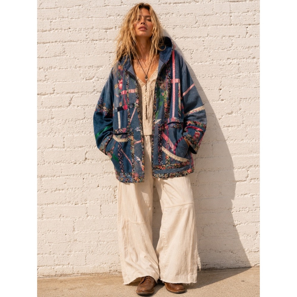 Vintage Patchwork Quilted‎ Jacket Hooded Boho Oversized Denim Coat L XL